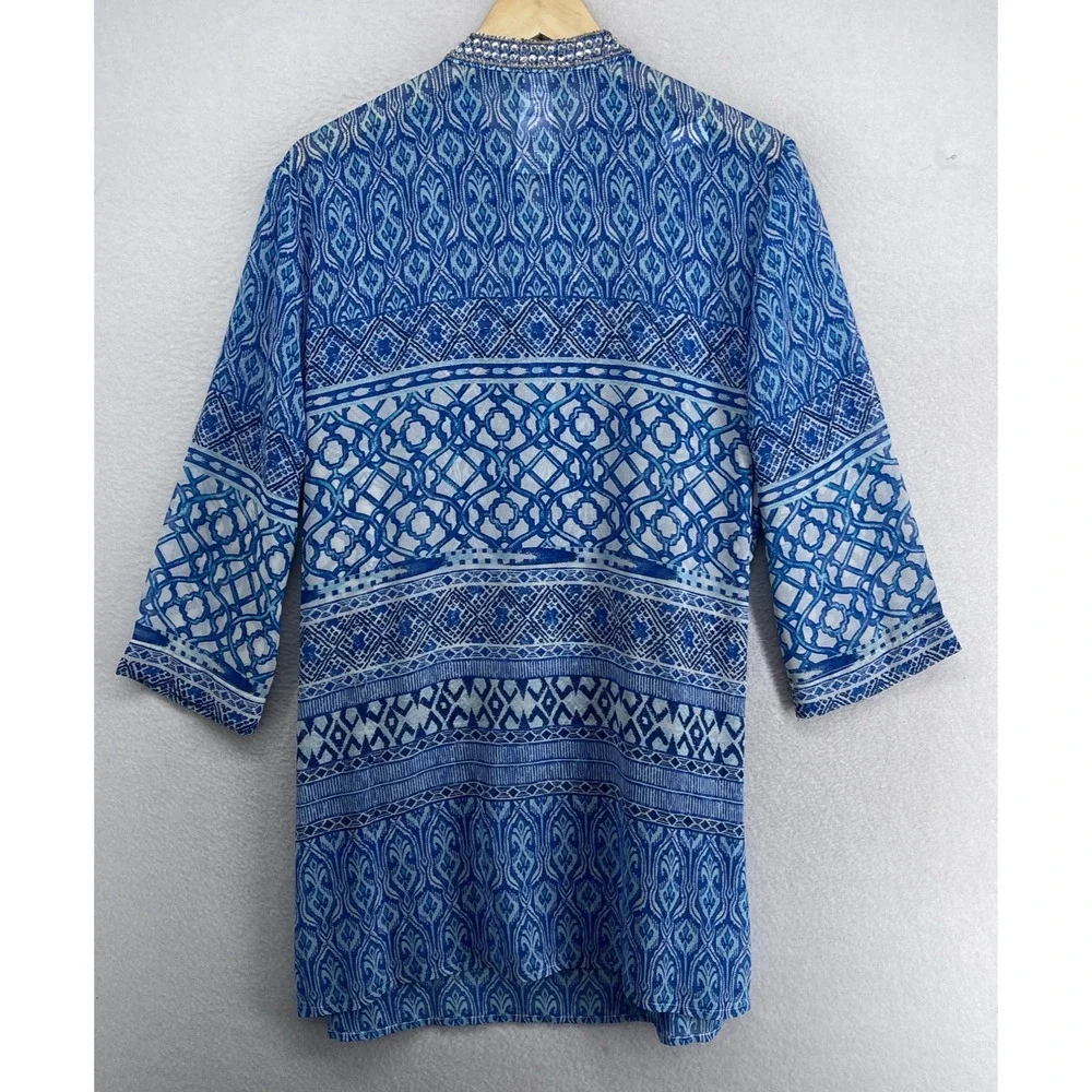 CHICOS Tunic 3 XL Chiffon Seaside Scroll Kurta Embellished Long Sleeve Blue NEW - Picture 3 of 14
